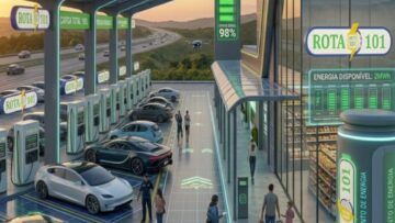 Projeção conceitual de unidade da rede Rota BR 101: estação de recarga rápida com carregadores DC, cobertura fotovoltaica e conveniência integrada ao longo do corredor da BR-101.
